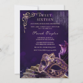 Purple Black Sweet 16 Masquerade Elegant Venetian 招待状