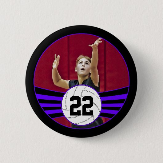 Purple & Black Volleyball Photo and Jersey Number 缶バッジ (正面)