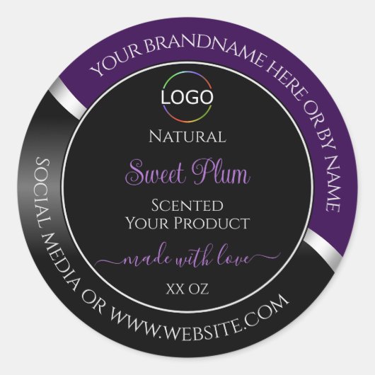 Purple Black Wavy Silver with Logo Product Labels ラウンドシール (正面)