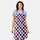 Purple Black White Checkered Pattern Design  エプロン (着用した状態)
