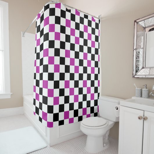 Purple Black White Checkered Pattern Design  シャワーカーテン (インサイチュ)