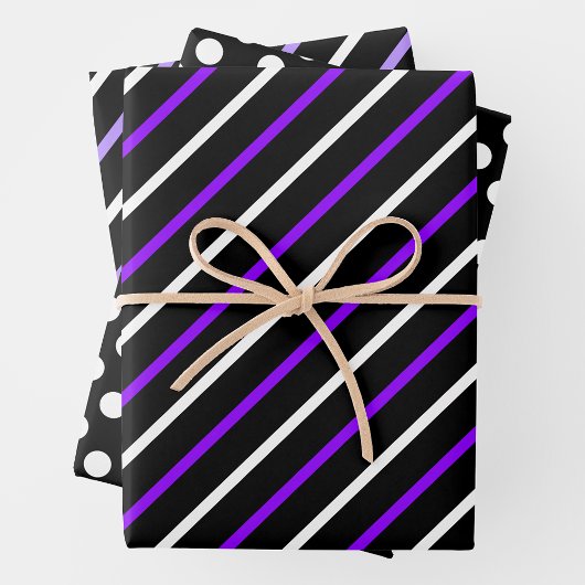 Purple, Black & White Stripes & Polka Dots Fun ラッピングペーパーシート