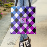 Purple Blue and Pink Buffalo Check Plaid Monogram トートバッグ<br><div class="desc">Purple, pink and blue buffalo check plaid tote bag with monogram. Add your name or delete the sample text to leave the area blank. The back side is a solid black color that can be changed as desired. The text font style, size and color can also be changed for a...</div>