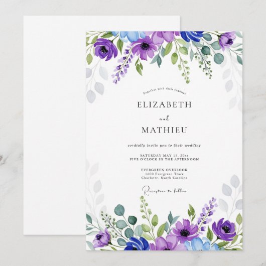 Purple Blue Ethereal Botanical Wedding 招待状 (正面/裏面)