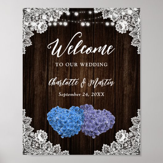 Purple Blue Floral Lace Wedding Reception Sign ポスター (正面)