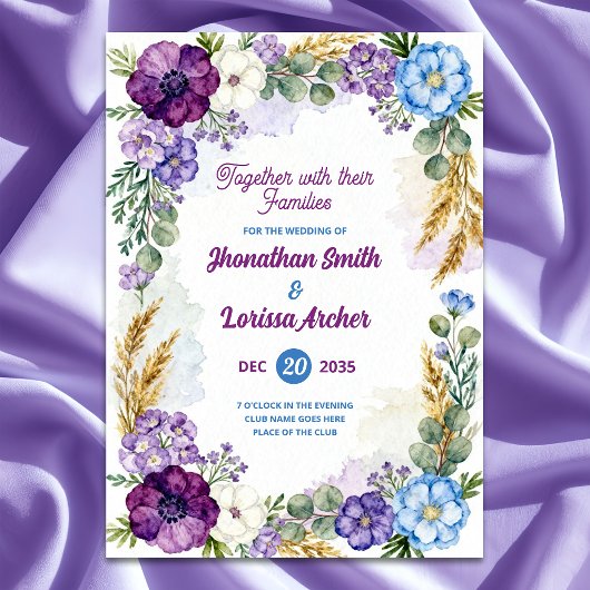 Purple & Blue Floral Watercolor Wedding Invitation 招待状