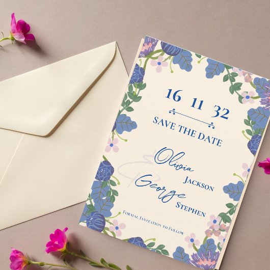 Purple Blue Floral Wedding Save the Date