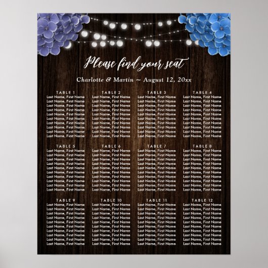 Purple Blue Floral Wedding Seating Chart 12 ポスター (正面)