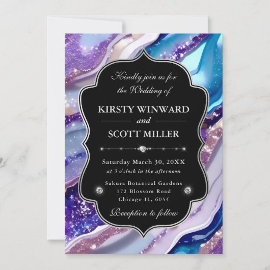 Purple Blue Glitter Marble Elegant Wedding 招待状 (正面)
