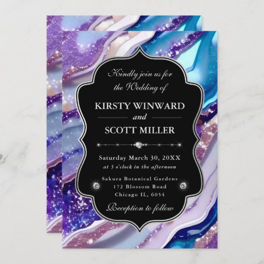 Purple Blue Glitter Marble Elegant Wedding 招待状 (正面/裏面)