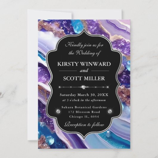 Purple Blue Glitter Marble Elegant Wedding 招待状 (正面)