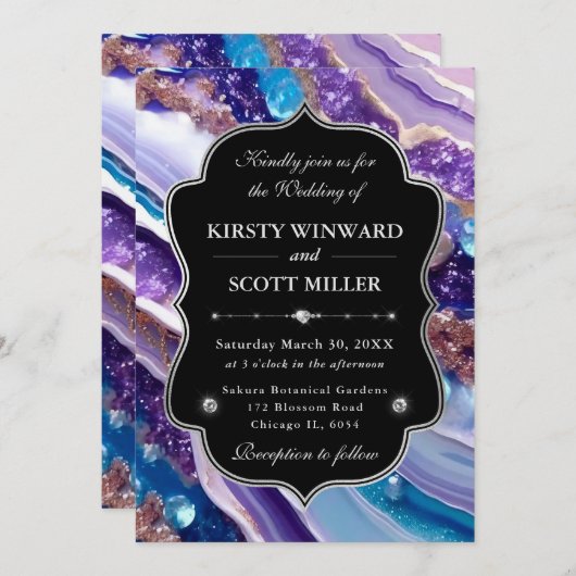Purple Blue Glitter Marble Elegant Wedding 招待状 (正面/裏面)