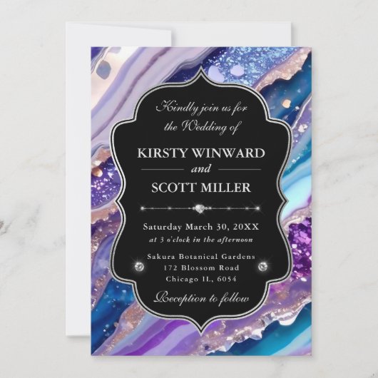 Purple Blue Glitter Marble Elegant Wedding 招待状 (正面)