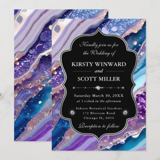 Purple Blue Glitter Marble Elegant Wedding 招待状 (正面/裏面)