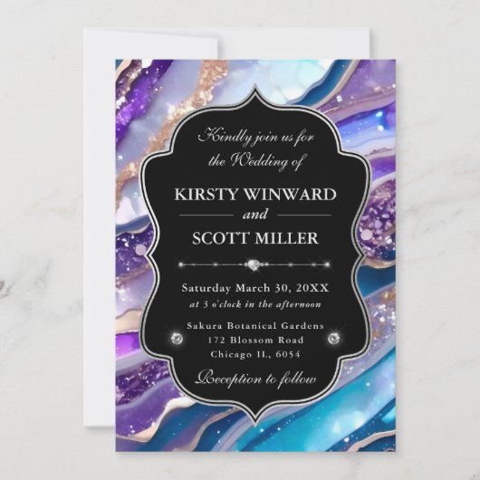 Purple Blue Glitter Marble Elegant Wedding 招待状 (正面)