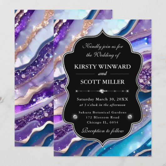 Purple Blue Glitter Marble Elegant Wedding 招待状 (正面/裏面)