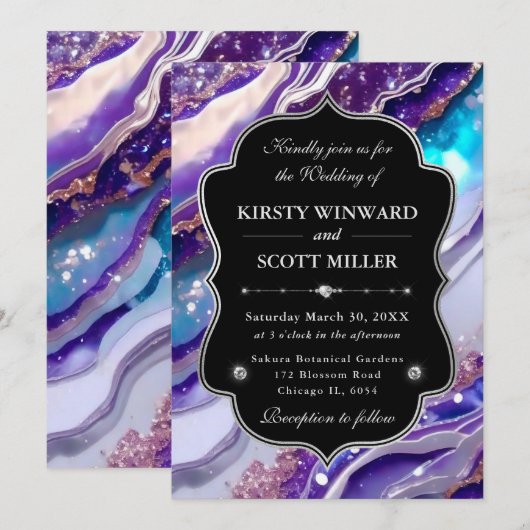 Purple Blue Glitter Marble Elegant Wedding 招待状 (正面/裏面)