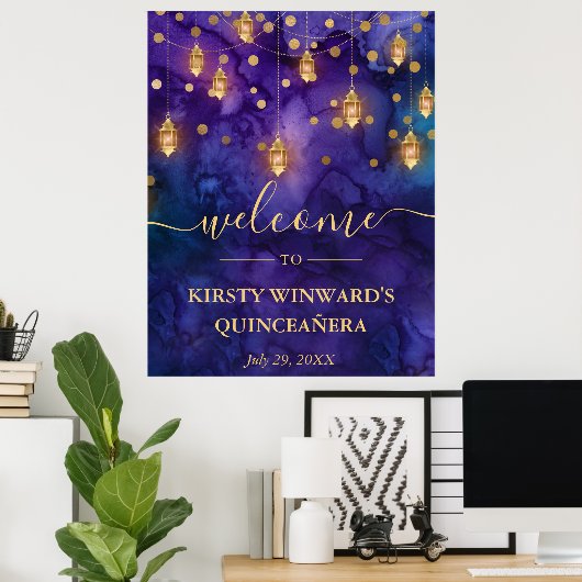 Purple & Blue Lantern Glow Quinceanera ポスター (ホームオフィス)