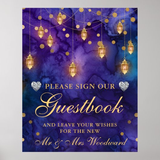 Purple & Blue Lantern Glow Wedding Guestbook ポスター (正面)