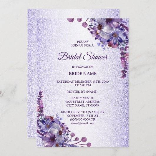 Purple Blue Pink Floral Glitter Bridal Shower 招待状 (正面/裏面)