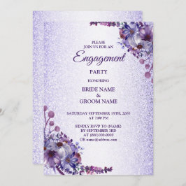 Purple Blue Pink Floral Glitter Engagement Party 招待状