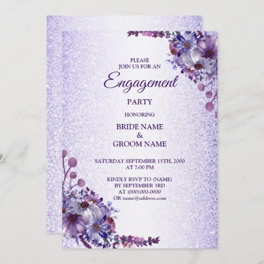 Purple Blue Pink Floral Glitter Engagement Party 招待状 (正面/裏面)