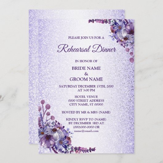 Purple Blue Pink Floral Glitter Rehearsal Dinner 招待状 (正面/裏面)