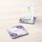 Purple Blue Pink Floral Glitter Wedding Party コースター (右側)