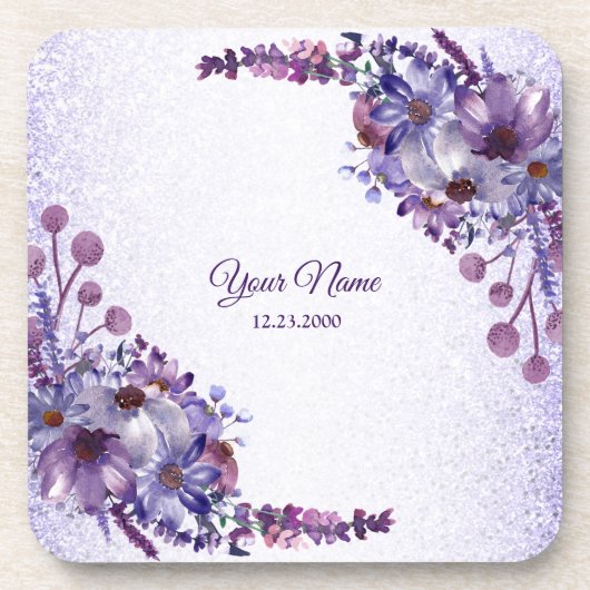 Purple Blue Pink Floral Glitter Wedding Party コースター (正面)