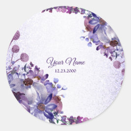 Purple Blue Pink Floral Glitter Wedding Party ラウンドシール