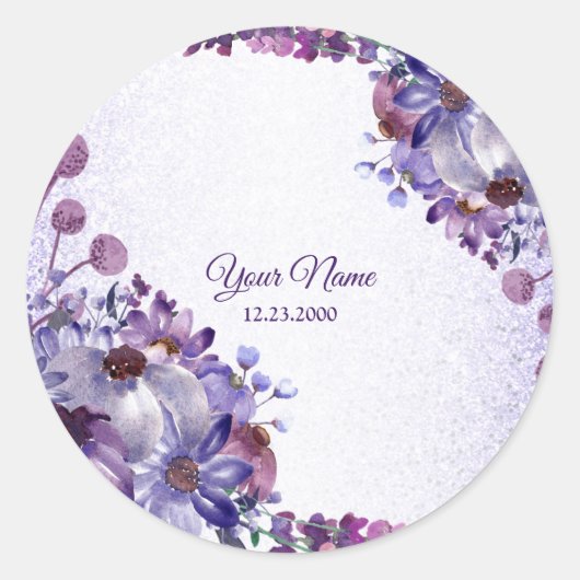 Purple Blue Pink Floral Glitter Wedding Party ラウンドシール (正面)
