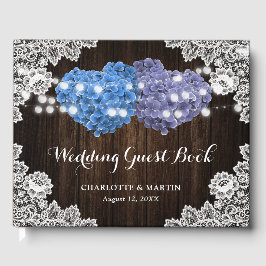 Purple Blue Rustic Wood Floral Lace Burlap Wedding ゲストブック