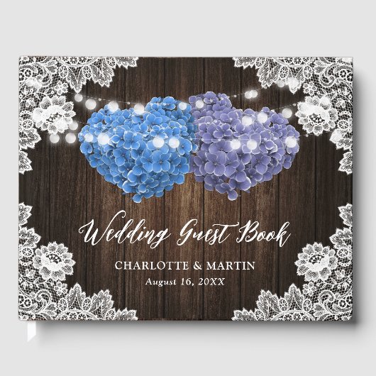 Purple Blue Rustic Wood Floral Lace Burlap Wedding ゲストブック (正面)