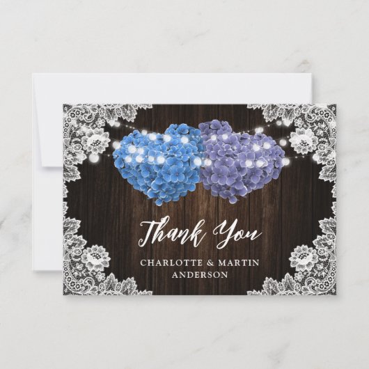 Purple Blue Rustic Wood Lace Floral Wedding サンキューカード (正面)