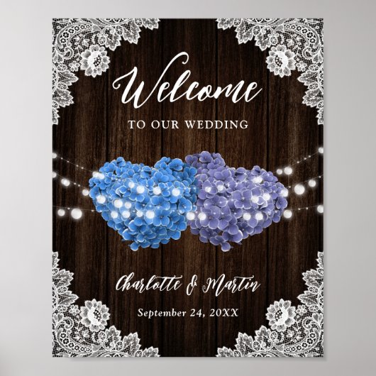 Purple Blue Rustic Wood Lace Wedding Welcome Sign ポスター (正面)