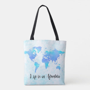 Purple & Blue World Map Life is an Adventure トートバッグ