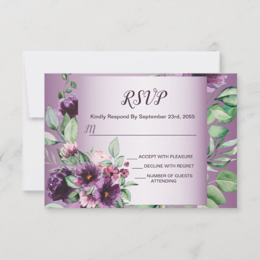 Purple Blush Floral Geometric Greenery Wedding 出欠カード (正面)