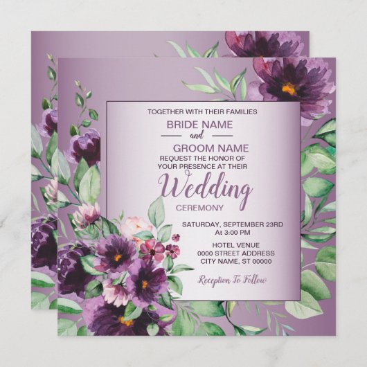 Purple Blush Floral Geometric Greenery Wedding 招待状 (正面/裏面)