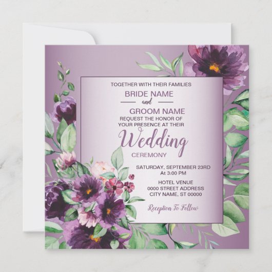 Purple Blush Floral Geometric Greenery Wedding 招待状 (正面)