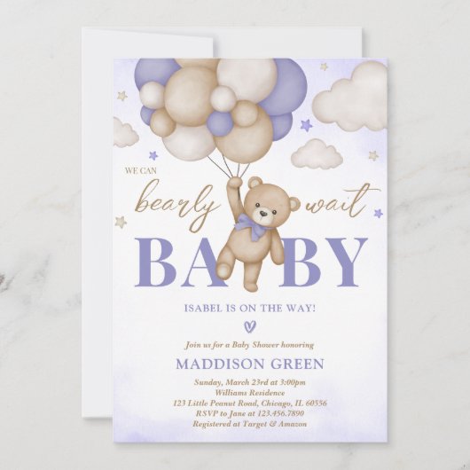 Purple Boho Bear Girl Baby Shower 招待状 (正面)