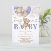 Purple Boho Bear Girl Baby Shower 招待状 (スタンド正面)