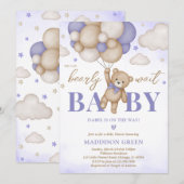 Purple Boho Bear Girl Baby Shower 招待状 (正面/裏面)