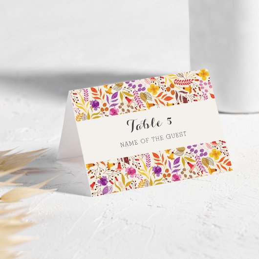 Purple Boho Wildflower Foliage Wedding Place Card テーブルナンバー
