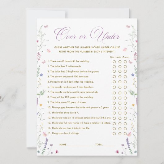 Purple Book Bridal Shower Over or Under Game Card 招待状 (正面)