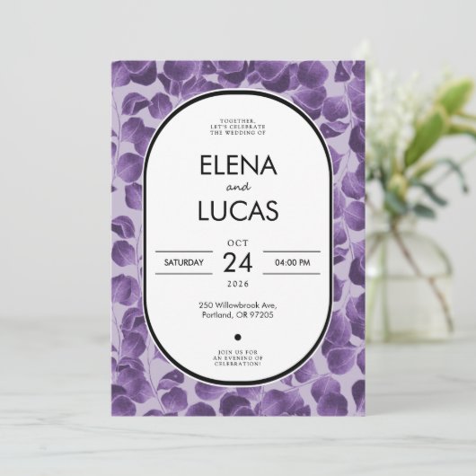 Purple Botanical Eucalyptus Wedding Invitation 招待状 (スタンド正面)