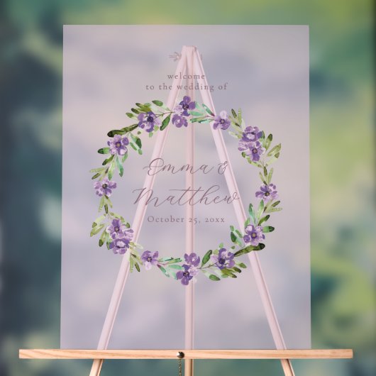 Purple Botanical Wreath Wedding Welcome Sign アクリルサイン (ニュートラル)