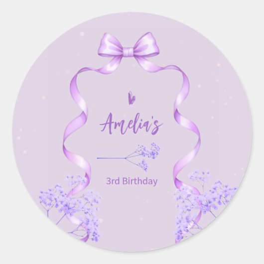 Purple Bow Birthday Any Age ラウンドシール (正面)