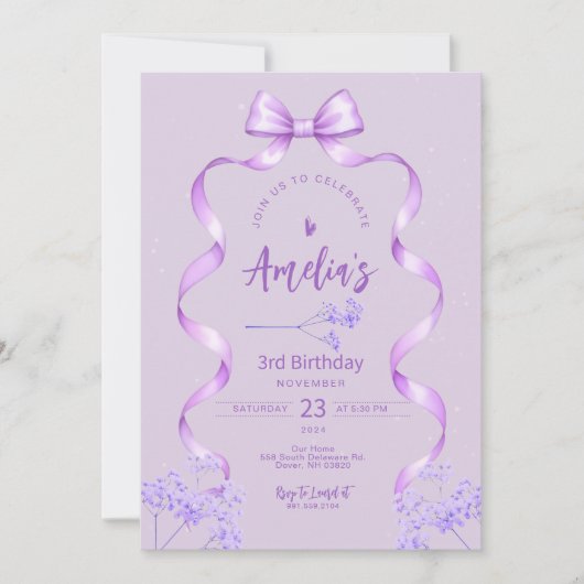 Purple Bow Birthday Invitation Any Age 招待状 (正面)