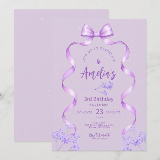 Purple Bow Birthday Invitation Any Age 招待状 (正面/裏面)