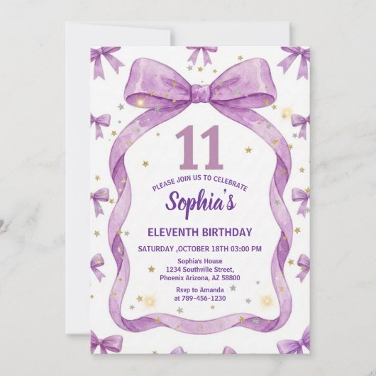 Purple Bow Birthday Invite, Girls 11th Birthday  招待状 (正面)